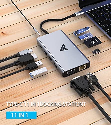 Image of Vaku Luxos Axel USB C Hub, Type C Hub, 11-in-1 Adapter with Ethernet, 4K USB C to HDMI, VGA, 2 USB3.0 2 USB2.0, Micro SD /TF Card Reader, Mic /Audio, USB-C Pd 3.0, Compatible for Mac Pro and Type C Laptops