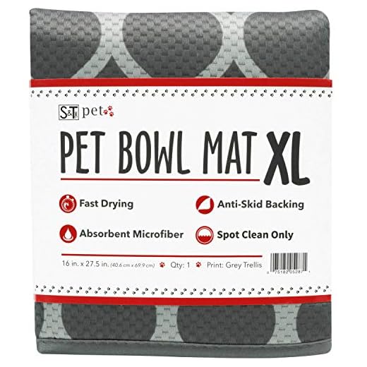 S&T INC. Microfiber XL Pet Bowl Feeding Mat, Anti-Skid and Absorbent, 16 Inch x 27.5 Inch, Grey Trellis