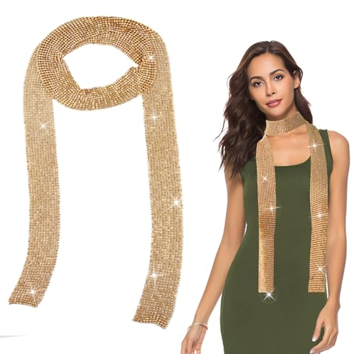 Gaubss Écharpe Femme à Paillettes, Écharpe Dorée Scintillante Fine et Mince avec Strass pour Fête, Soirée ou Usage Quotidien, Cravate Décorative, Tour...