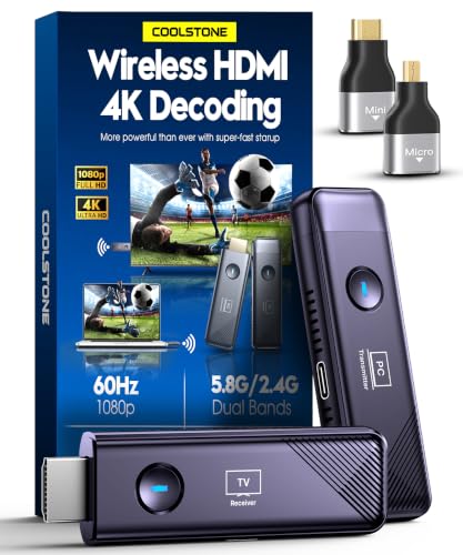 COOLSTONE Wireless HDMI Transmitter and Receiver 4K Decode 1080P@60Hz Output Plug & Play 5.8G+2.4G Wireless HDMI Remote Control Extenders for Movie/Meeting/Outdoor/Travel