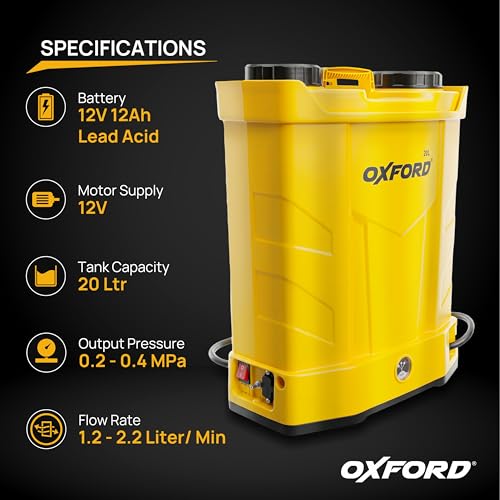 Image of Tomahawk Oxford SIN-2031 20L Battery Operated Agricultural Sprayer | 12V Motor with 12Ah Battery | Electric Farm Sprayer with Adjustable Lance, 3 Nozzles & Backpack Strap