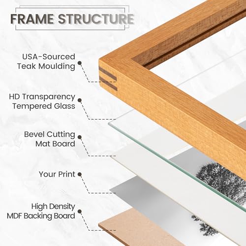 Image of 16 x 20 Picture Frame, USA-Sourced Natural Teak Wood Photo Collage Frame with HD Tempered Glass, Modern Simple 16x20 Wooden Frame Matted to 11x14, Vertical & Horizontal Wall Hanging Display