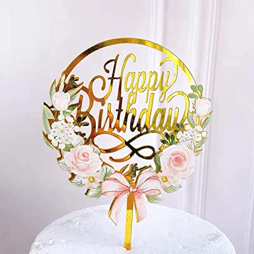 Zilphoba 12Pcs Happy Birthday Cake Toppers, Flower Acrylic Gold Birthday Party Cupcake Decorations #TOP3