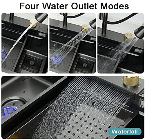 Évier cuisine cascade avec robinet rétractable ensemble complet noir