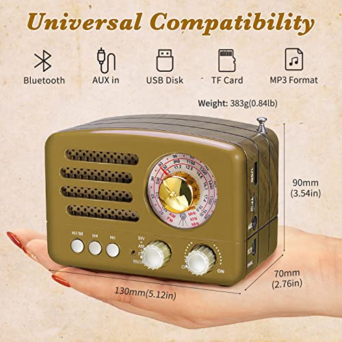 Image of PRUNUS J-160 Small Retro Vintage Radio with Bluetooth Speaker, Portable Transistor AM FM SW, Rechargeable Battery Operated, Support TF Card AUX USB MP3 Player(Gold)