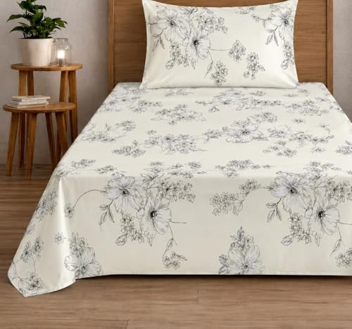 Image of DECOR2ADMIRE 300 Thread Count Premium Cotton Printed Single Bedsheet with One Pillow Covers for Home 60 Inches x 90 Inches (Classic White Floral, Single 60 inch x 90 inch)