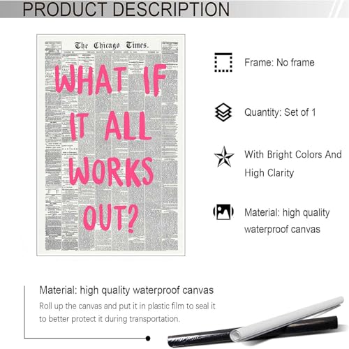 Image of Drimiler What If It All Works Out Poster Retro Newspaper Pink Font Canvas Wall Art Positive Affirming Quote Minimalist Prints Painting For Home Bedroom Dorm Wall Decor 8x12in Unframed