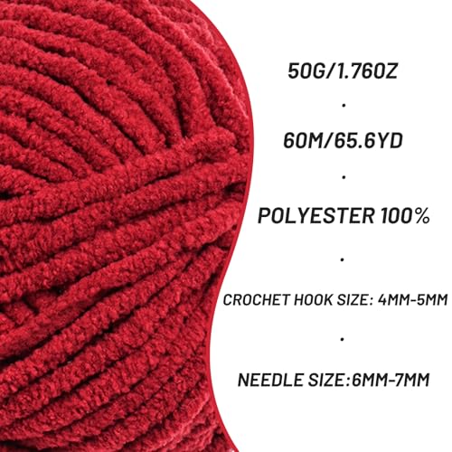 Image of Plush Chenille Chunky Crochet Yarn - Baby Yarn for Crocheting Soft - Velvet Yarns Knitting for Blankets Crafts - Fluffy Amigurumi Yarns 50g / 65.6yd (Burgundy