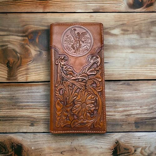 Men’s Long Leather Wallet – Floral Laser Cut Rodeo Bifold with Embossed Mexico 50 Peso Coin Design – Western Vaquero Checkbook Wallet for Cowboys & Latino Gifts2