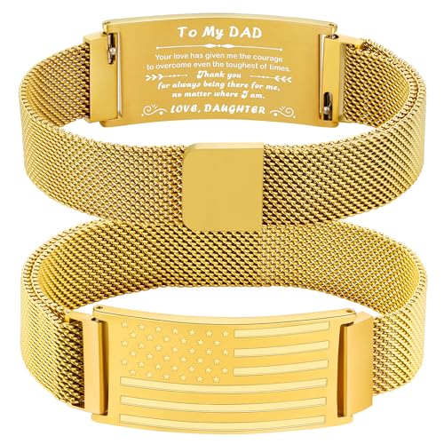 Jesvo To My Dad Bracelet Gifts from Daughter, American Flag Gold Stainless Steel Band Bracelets Wrist Jewelry Christmas Birthday Valentines Father Day Gifts Ideas Presents for Men Daddy