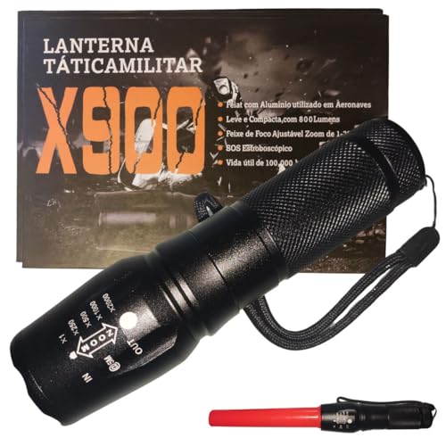 Kit Lanterna Torch Led Alta Potencia X900 Carregador residencial e Veicular, Sinalizador, Bateria de