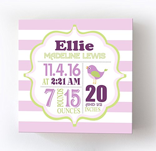 Personalized Stretched Canvas, Striped Birth Announcement, Custom Baby Name, Date, Weight Stats, Safari Lovebird Nursery Wall Decor, Wooden Frame Construction, Ready to Hang 24X24