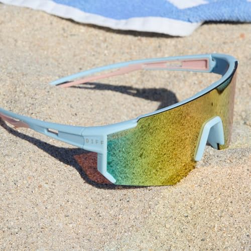 DIFF Sport Heat Designer Shield Sunglasses for women Polarized protection, Matte Baby Blue + Sherbert Rainbow Mirror3