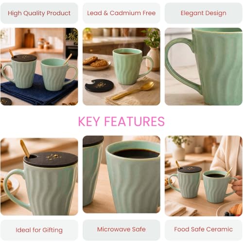 Image of The Earth Store Green Artisan Wave Coffee Mug with Lid and Spoon Set of 2 | 340ML Ceramic Coffee Mugs Set of 2 | Resin Art Wooden Lid & Golden Spoon | Premium Coffee Mugs for Gift