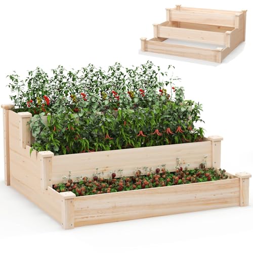 TANGZON 3-Tier Wooden Raised Garden Bed, 118 x 118 x 56 cm Outdoor Elevated Flower Box Tiered Garden Bed with Open-Ended Base, Vegetable Flower Herb Sapling Growing Planter for Backyard Patio