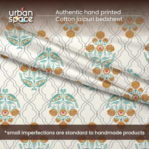 Image of Urban Space 100% Cotton Jaipuri Handblock Premium Printed King Size Bedsheet with 2 Pillow Covers, 240 TC Cotton King Bedsheet (108 x 108 Inches, Amberjaal Yellow)