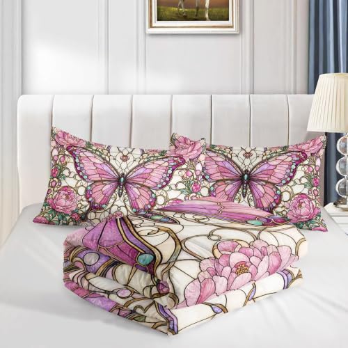 Image of AILONEN Twin Comforter Set 3 Piece, Pink Butterfly Peony Mosaic 3D Printed Bedding with 2 Pillowcases, Soft Lightweight Microfiber Romantic Decor for Compact Bedroom