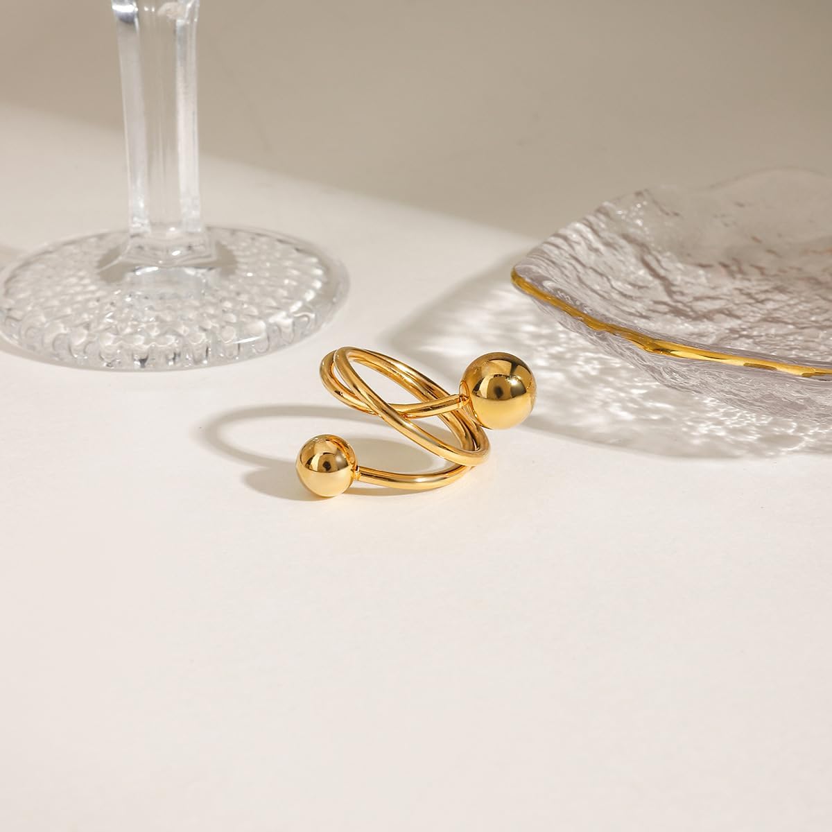 18K Gold Plated Double Round Ball Statement Ring for Women Minimalist Stainless Steel Geometric Balls Promise Eternity Finger Band Rings Fashion Engagement Jewelry for Her - Image 5