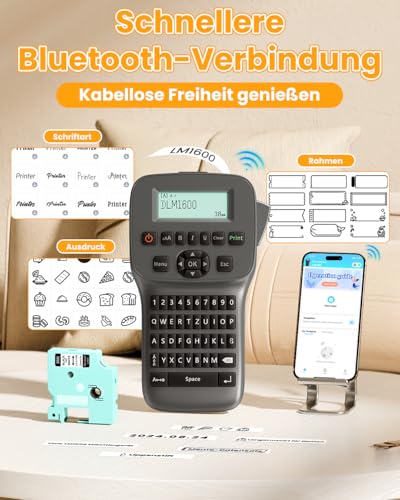 Vixic Tragbares Beschriftungsgerät mit wiederaufladbarem Akku und Bluetooth, LM1600 Etikettiergerät mit QWERTY Tastatur, einfache Textbearbeitung für D1 Etiketten in 12mm Breite