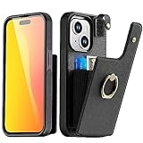 AICase Card Holder Case Compatible with iPhone 15, Compatible with iPhone 15 Wallet Phone Case Leather Protective Cover for Women with Ring Kickstand and 8 Credit Card Slots, Black