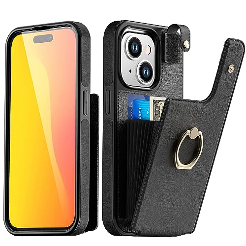 AICase Card Holder Case Compatible with iPhone 15, Compatible with iPhone 15 Wallet Phone Case Leather Protective Cover for Women with Ring Kickstand and 8 Credit Card Slots, Black