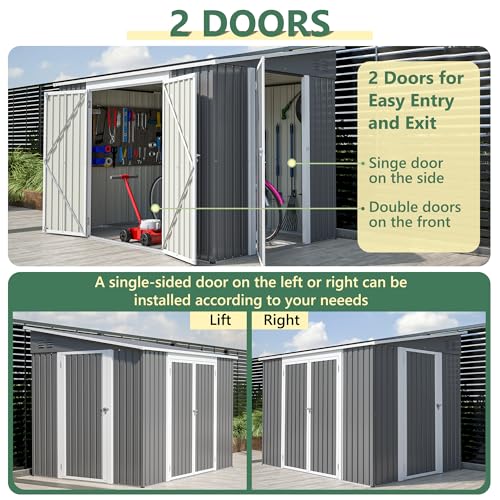 Image of YOPTO 8x6 FT Lean to Outdoor Storage Shed W /Adjustable Lockable Double Side Doors,Metal Shed W /Floor Frame & 2 Air Vents,Garden Tool House W /Updated Frame Structure,for Backyard Patio Lawn,Gray