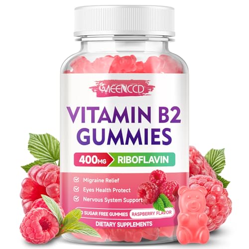 MEENCCD Vitamin B2 Gummies Riboflavin 400mg Supplement with Magnesium for Kids & Adults B2 Gummies for Migraine Relief & Nervous System Support Vegan Sugar-Free Raspberry Flavor 60 Count