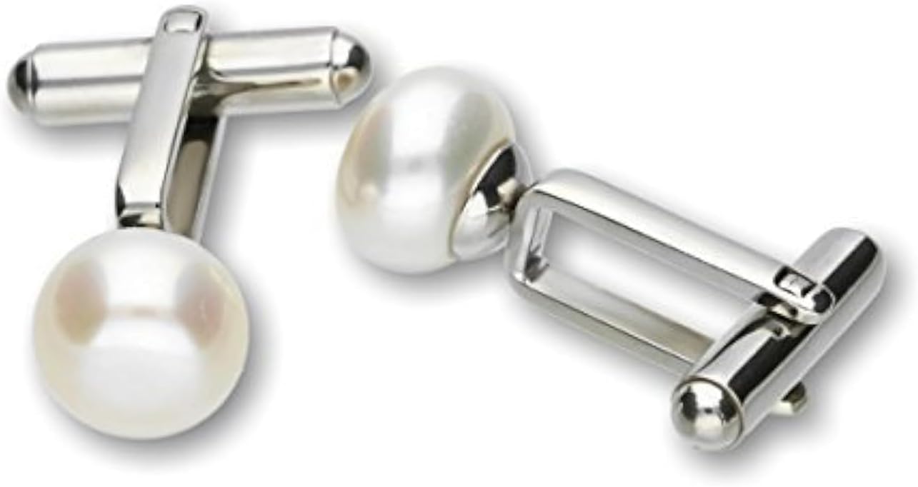 Pearlina White Pearl Cufflinks Genuine Freshwater Cultured Pearls (10-11mm) Cuff links Stainless Steel For Man or Woman