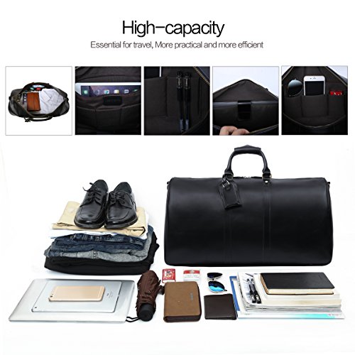 Leathario Mens Genuine Leather Overnight Travel Duffle Overnight Weekender Bag Luggage Carry On Airplane(Black-122)