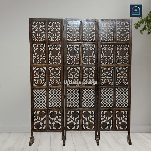 Image of Wooden Room Partition /Screen /Room Divider /Room Separator Burnt Wood Finish (Hand Buffing) Frame Traditional Handicrafts 6Ft Height (3 Panel with Stands)