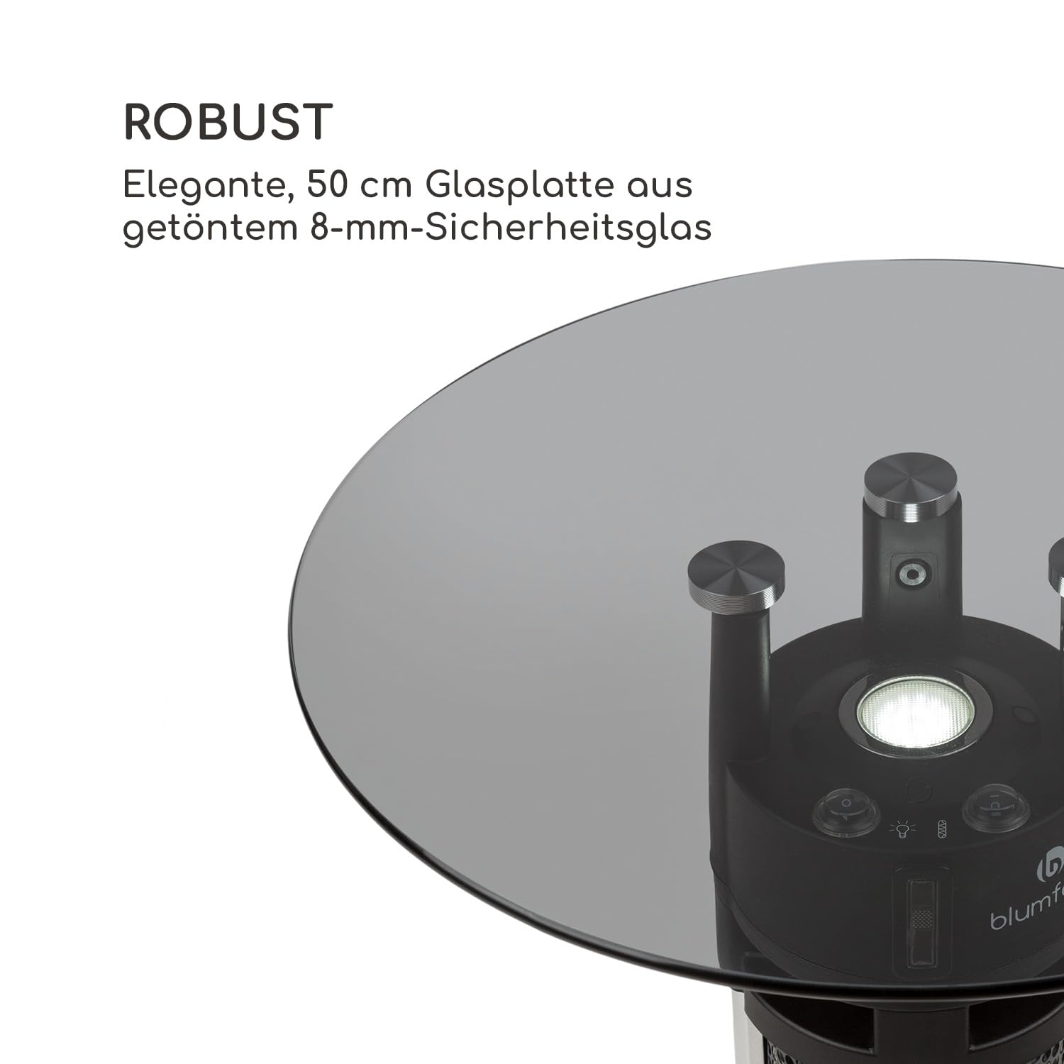 blumfeldt Primal Heat - Standheizstrahler, Stehtisch-IR-Heizer, Infrarotheizung, Stand Heizstrahler, Infrarotstrahler mit 1600 Watt, Infrarot-Annäherungssensoren, Höhe: 65 cm, Silber