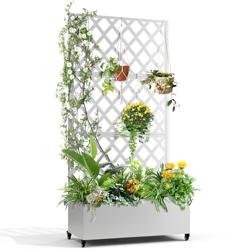 FENCY Metal Planter Box with Diamond Lattice Trellis Planter Box for Climbing Plants/Vines, Galvanized Raised Garden Bed On Wheels, Garden Bed with Trellis(73"x35" White) -  KLD-A-HW92021-USAM026