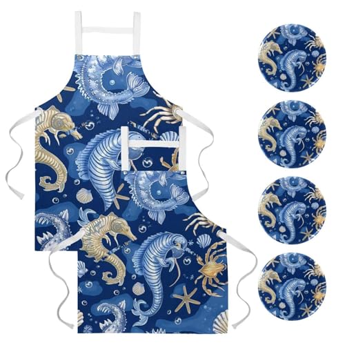 Tablier de cuisine réglable pour cuisiner en famille motif mer