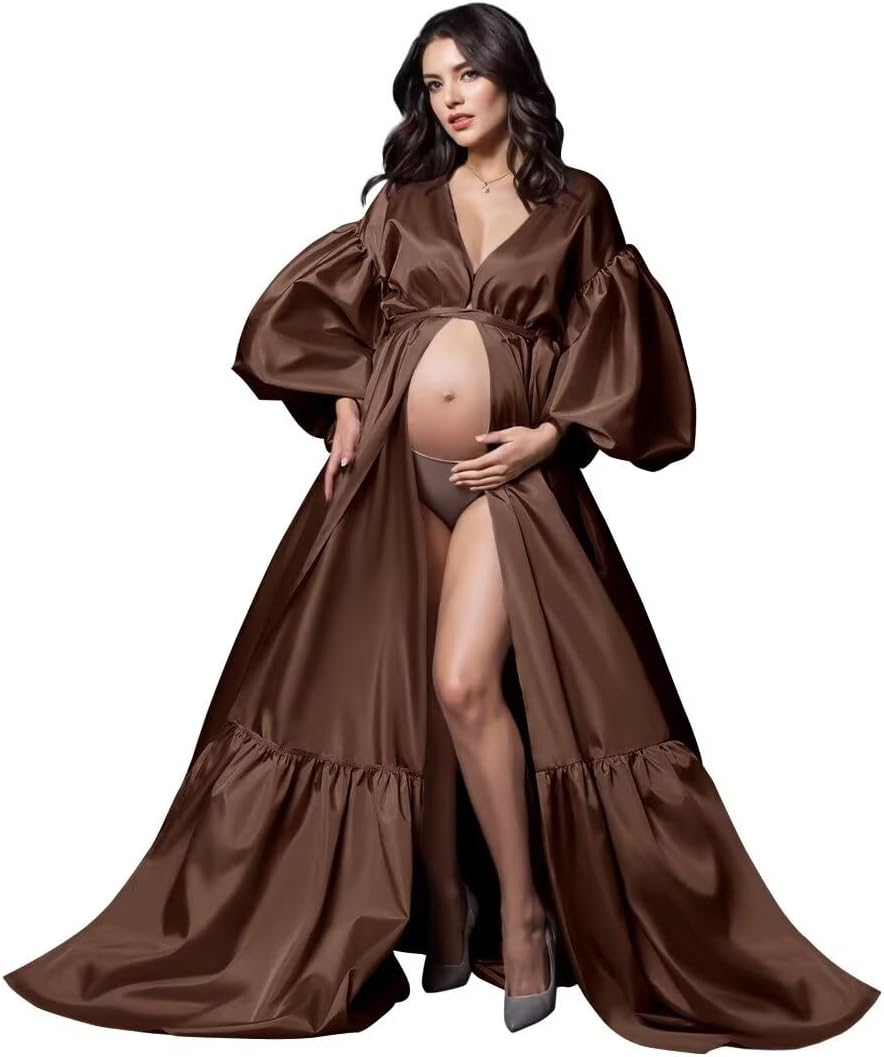Satin Maternity Dresses for Photoshoot Puffy Sleeve Robe V Neck Long Pregnancy Gowns for Boby Shower Sleepwear