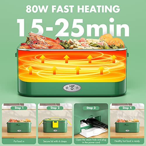 Ahnr Electric Lunch Box 80W Food Heater, 3 In 1 Portable Heated Food Warmer Lunch Box Leakproof For Car Truck Home Work With 1.8L Removable 304 Stainless Steel Container, 12V 24V 110V(Green) #TOP2