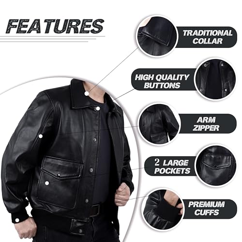 Men's Black Genuine Lambskin Bomber Motorcycle Leather Jacket | Button-Up Closure | Dual-Side Pockets3