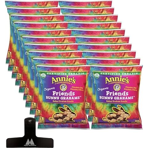 Annie's Organic Friends Bunny Grahams Chocolate Chip Honey - 1.25 oz (Pack of 20) - With Mighty Merchandise Bag Clip Cover