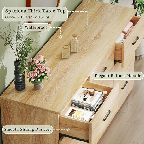 Image of HUAHUU 9 Drawer Dresser for Bedroom, 60'' Long Large Mid Century Modern Dressers TV Stand, Natural Wood Vintage Chests of Drawers, Large Storage Organizer for Bedroom, Closet, Entryway, Natural Oak