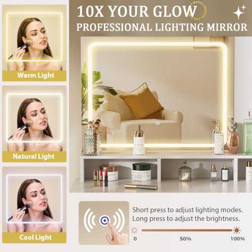 Image of LUCKRACER Vanity Desk with LED Lights Mirror, Makeup Vanity with Storage Drawers and Shelves, Modern Dressing Table for Women Girls Bedroom, Ivory White
