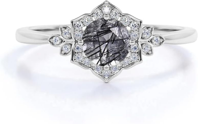 Black Rutilated Quartz Engagement Ring for Women 925 Sterling Silver 10K/14K/18K Gold 1CT Black Rutilated Quartz Wedding Ring Vintage Art Deco Anniversary Promise Ring for Her