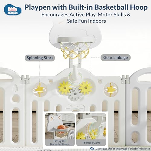 Image of Kids Station 180 x 200 cm Frog Grey Baby Playpen with Playmat & 20 Colourful Balls, Spacious Safety Play Yard for Infants & Toddlers, Strong Frame, Easy Assembly, Indoor /Outdoor