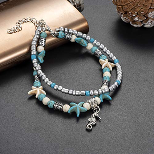 Image of Softones Blue Starfish Turtle Anklet Multilayer Charm Beads Sea Handmade Boho Anklet Foot Jewelry for Women