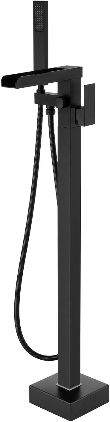 - Wowkk Waterfall Tub Filler Freestanding Bathtub Faucet Black Floor Mount Brass Single Handle Bathroom Faucets with Hand Shower