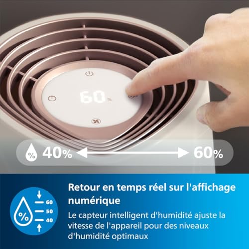 Philips Humidificateur Série 3000, 45 m², 99,97% des bactéries éliminées (NanoCloud), 300 ml/h, 3 vitesses, mode Nuit, Ultra silencieux (33 dB), Capteur, Minuteur, Réservoir 3L, Blanc (HU3916/10)