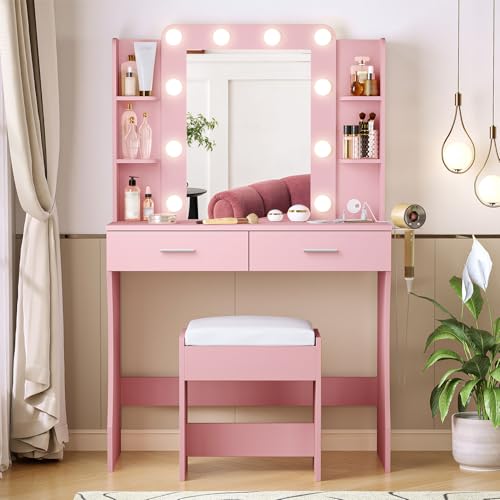 Image of Vabches Vanity Desk with Lights,Makeup Vanity with Power Strip,Dressing Table Set with 2 Large Drawers,Vanity Mirror 3 Lighting Color Adjustable,Pink