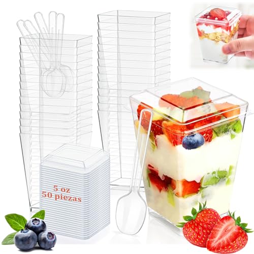 Vasos con tapa 41 150 ml / 5 onz Vasitos para Postres,50 PCS Vasos para Postres Con Tapa Y Cuchara,Vasos para Fiesta Reutilizables,Suministros para La Fiesta para Degustar...