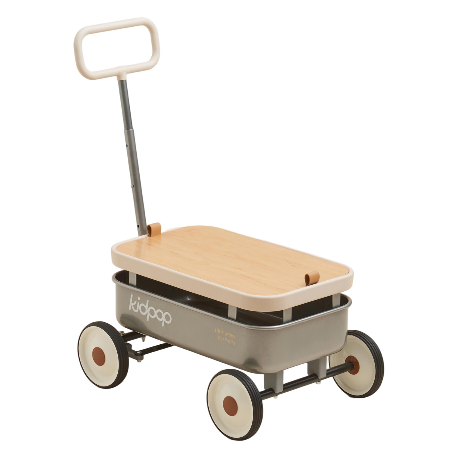 kidpop PULA-Wild 3-in-1 Kinder-Handwagen 2,5-8 Jahre, abnehmbare Holzabdeckung und Verstellbarer Lenker, Geburtstagsgeschenke Max. Gewicht 16 Kg，Grau