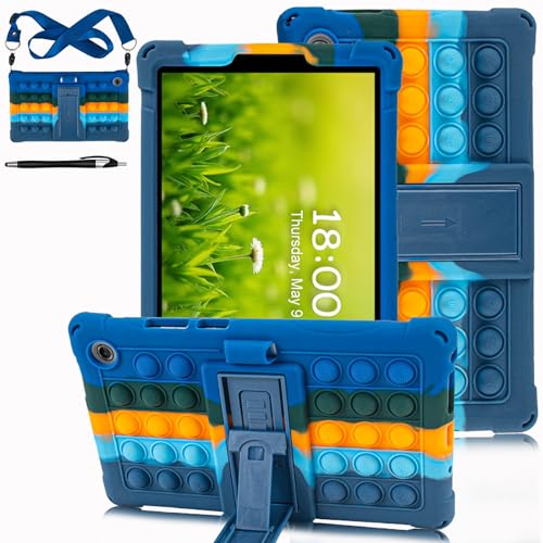 ATOOZ for Lenovo Tab One Case 8.7 inch (TB305F) 2025 Unzip Bubble Texture Color Blocking Silicone Case for Lenovo Tab One/K9 Tablet with Stand & Pen Slots & Shoulder Straps (Blue)