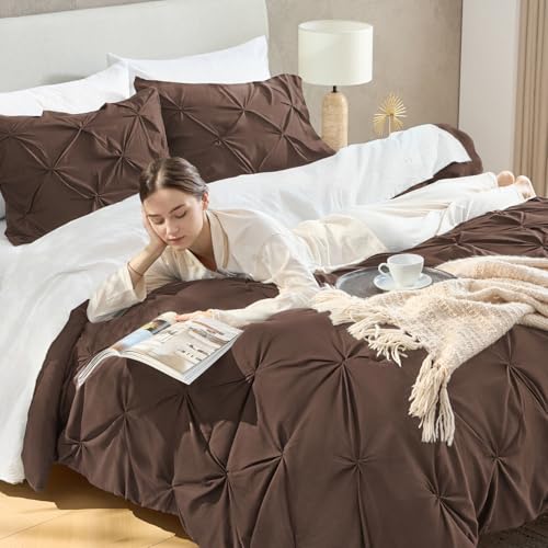 Image of Andency Queen Pinch Pleat Comforter Set (90 inchx90 inch),3 Piece Lightweight Pintuck Bedding Comforters & Sets, Fluffy Down Alternative Comforter with 2 Pillow Shams for All Season,Brown
