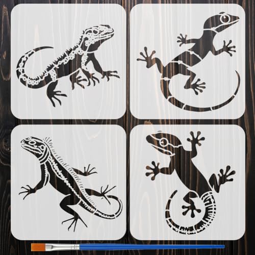FINGERINSPIRE 4Pcs Pochoir Lézard Réaliste Avec Pinceau 20x20cm Gabarit Réutilisable Dessin Reptile Pochoir Décoratif Lézard Cartoon Réaliste pour...